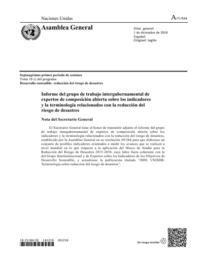 Portada del informe sobre indicadores y terminología relacionados con la reducción del riesgo de desastres